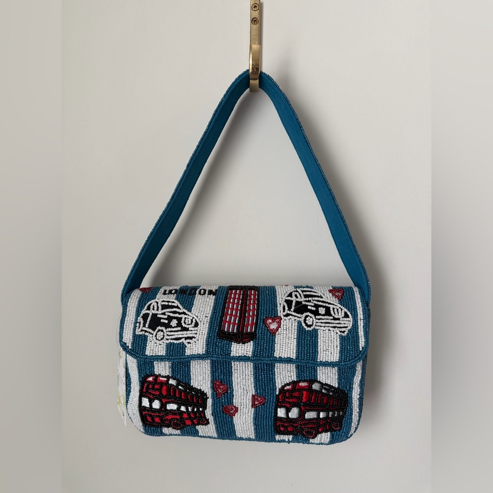 America & Beyond beaded London blue striped shoulder bag